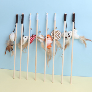 Factory spot new mouse wooden cat teaser cat toy pet supplies feather Bell wooden pole cat teaser