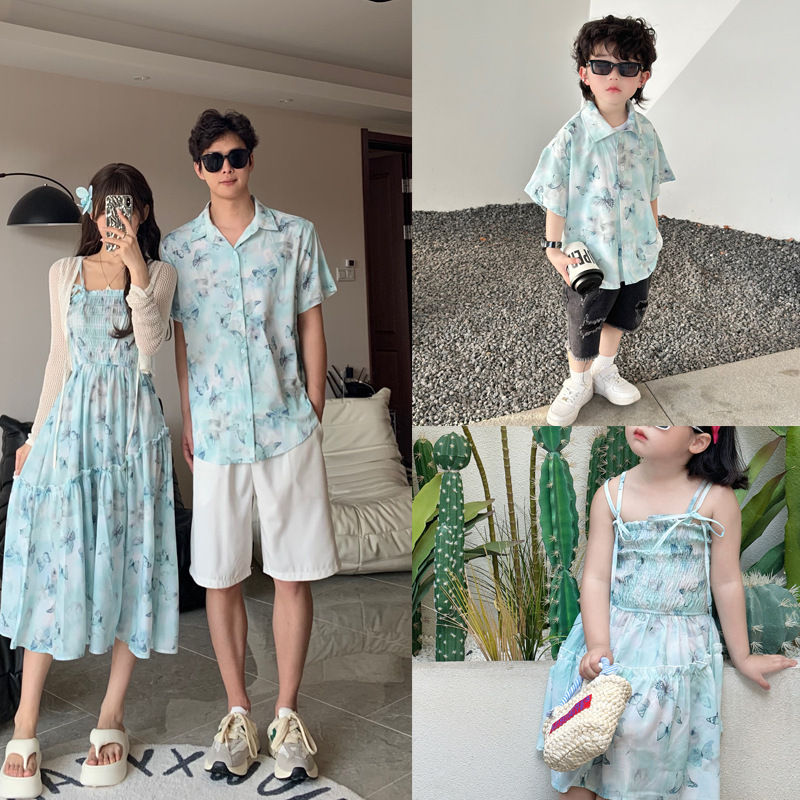 <蓝灰>潮度假沙滩亲子装一家三口夏威夷衬衫宽松复古港风雪纺母子