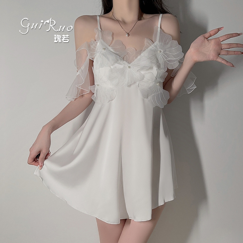 French-Style Light Luxury Satin Low-Cut Gathered Padded Camisole Sweet Lace Nightdress Women's Loungewear Set 5387