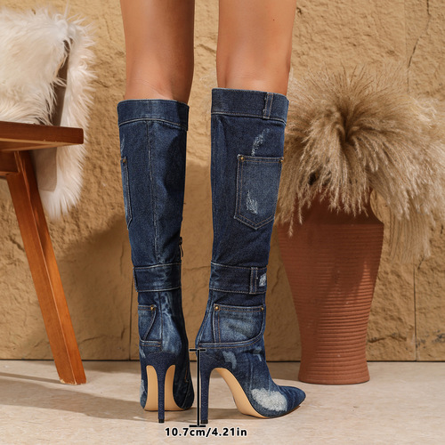 Women's Wide-Angle High Heel Boots with Washed Denim Fabric, Sexy Slim Heel, Side Zipper, Knee-High Boot