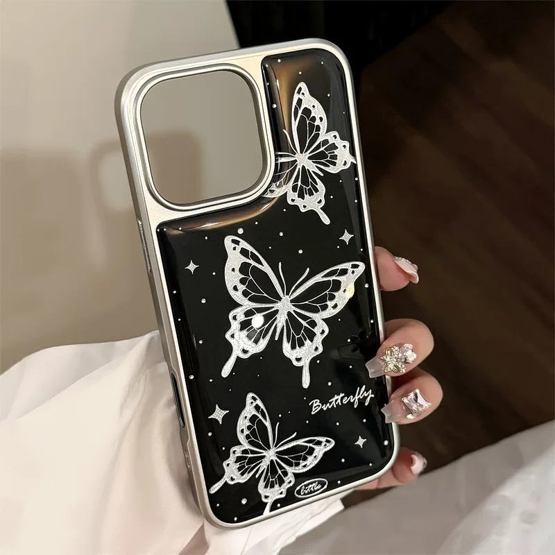 Чехол для телефона совместим с iPhone/Huawei/Samsung, серебристая рамка с ажурными бабочками