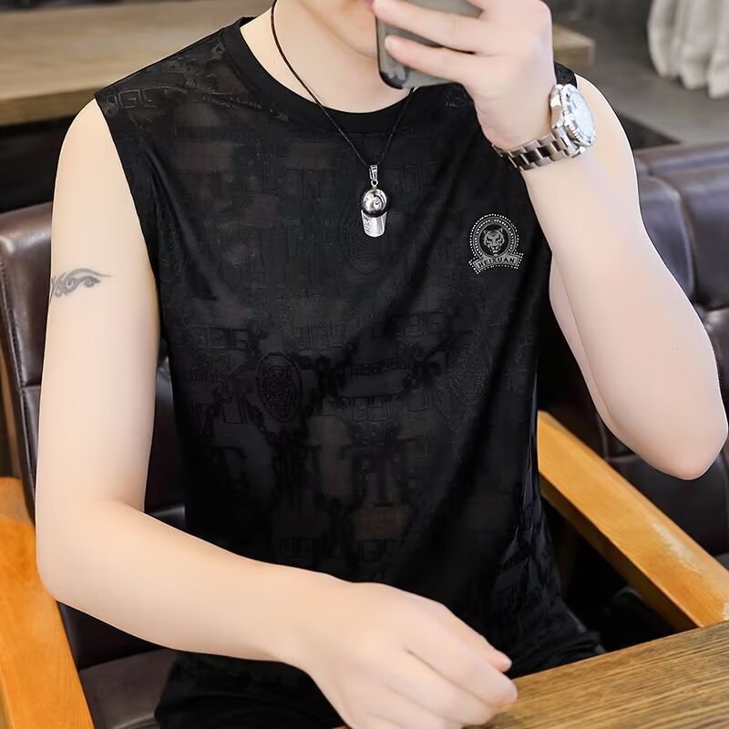Europa camiseta de seda de hielo hombre de manga corta de verano tigre caliente diamante de seda de morera camiseta de cuello redondo camiseta de media manga de color caqui