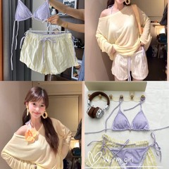 【椰椰奶芙】小清新紫色格纹撞色比基尼纯欲小众度假水上乐园泳衣