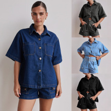 亚马逊外贸跨境2025夏季 欧美女装休闲复古宽松衬衫牛仔短裤套装