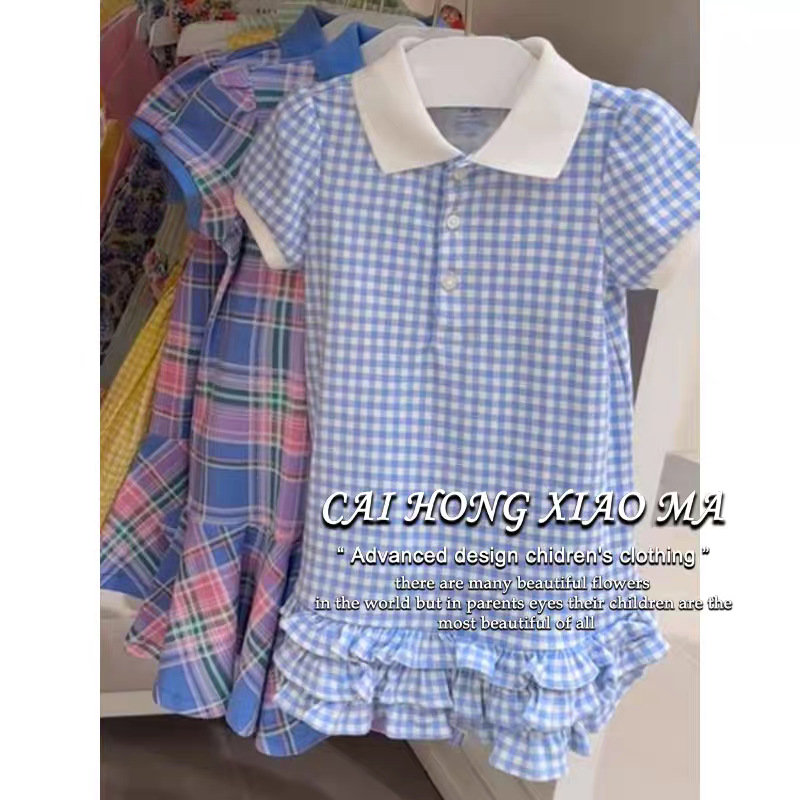 Xianning siete ropa para niños vestido de niña 25 verano nuevo estilo niña estilo extranjero vestido de encaje a cuadros con cuello Polo