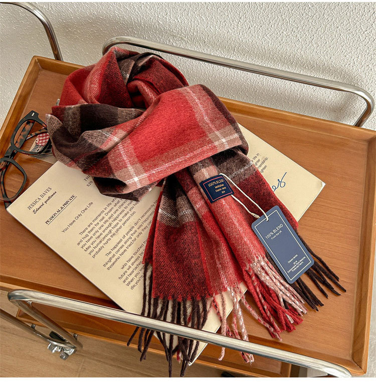 Women's Couple Retro Mens British Style Lattice Plaid Sheep Polyester Tassel Scarf display picture 8