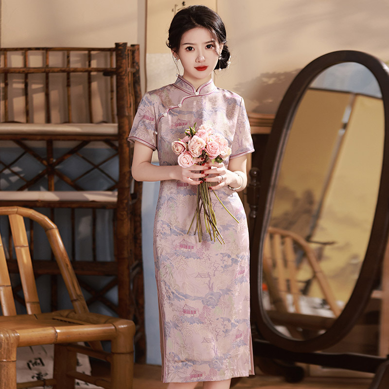 中長款中式改良旗袍2025新款年輕款少女復古修身短袖日常可穿夏季