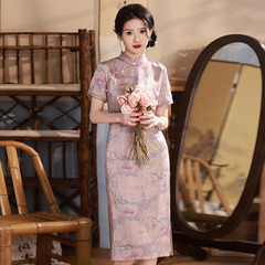 中長款中式改良旗袍2025新款年輕款少女復古修身短袖日常可穿夏季