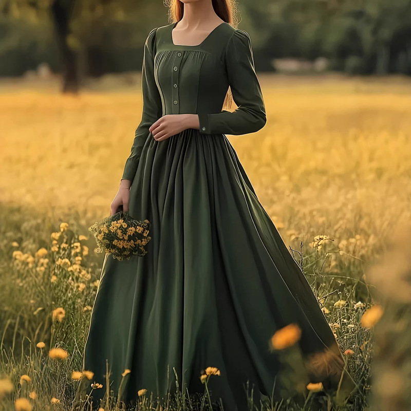 French Retro Palace-Style Deep Dark Green Dress for Women, Long Flowing Skirt with Buttons on the Chest and Waist-Cinching Design French Retro Palace-Style Deep Dark Green Dress for Women, Long Flowing Skirt with Buttons on the Chest and Waist-Cinching Design