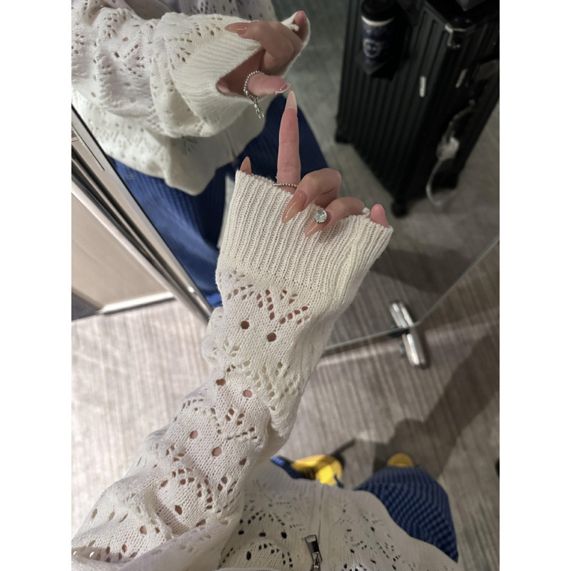 YS早秋设计感镂空钩花双拉链罩衫外套宽松显瘦白色针织开衫上衣女|undefined