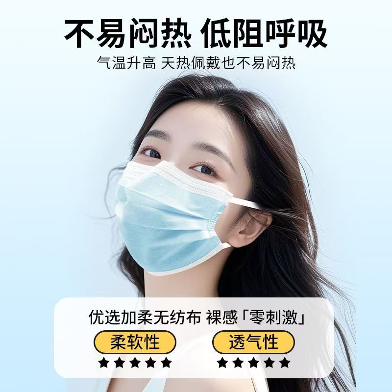 一次性防护口罩宽耳带蓝色三层防尘袋装盒装独立装防花粉批发日用