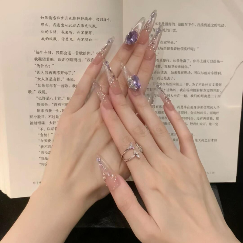Luxury Purple Iridescent Cat Eye Nude Gradient Handmade Wearable Nails, Medium-Length Zirconia Nail Stickers
