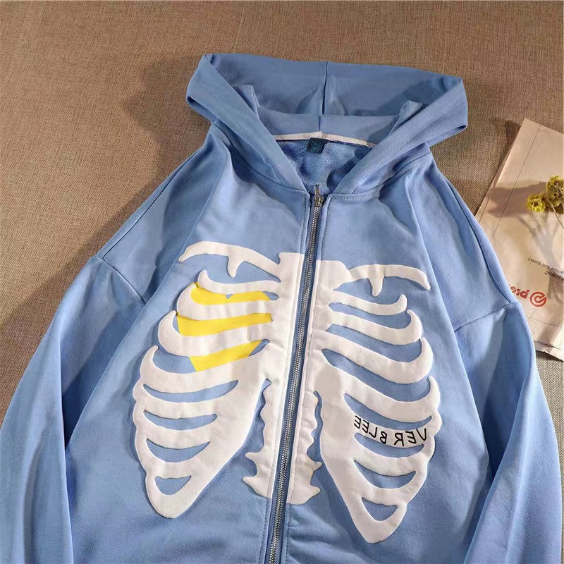 2023 New Cardigan Sweatshirt Side Pocket Skull Chest Bone Print Spring Autumn Fleece Hoodie Jacket_voghion.com
