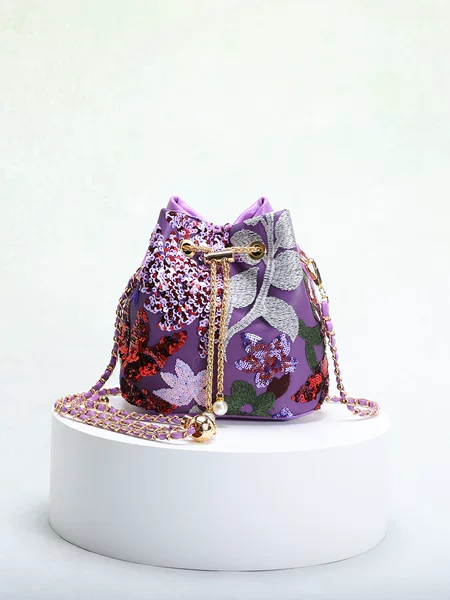 Women's Bag New Chinese Style Flower Embroidered Sequin Mesh Stitching Color Contrast Fashionable Elegant Women's Drawstring Chain Bucket Bag
