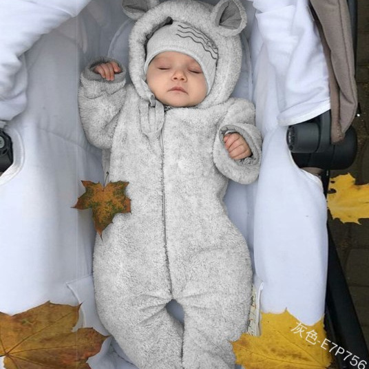 欧洲新款加绒保暖连帽设计连体衣纯色天真乖巧卡哇伊宝宝秋冬爬服