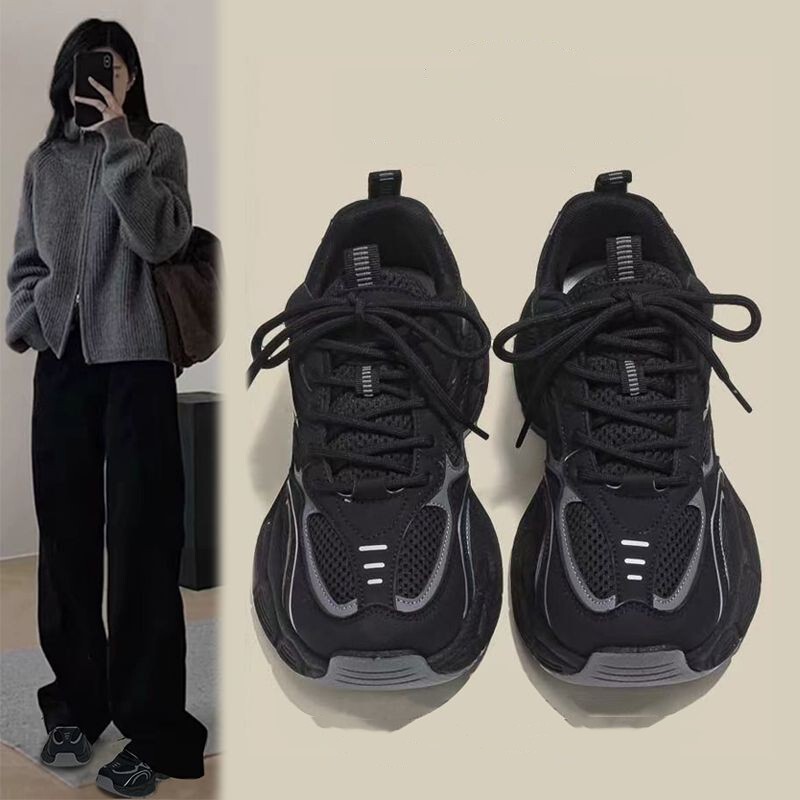 Popular Niche Black Dad Sneakers for Women, 2026 Spring/Summer New Versatile Student Thick-Soled Lightweight Casual Sports Shoes