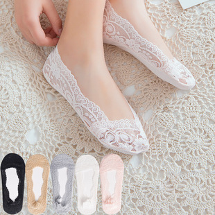 Lace Socks Boat Socks Women's Socks Shallow Mouth Invisible Cotton Bottom Summer Thin Silicone Non-slip Ice Silk Socks Don't Fall off