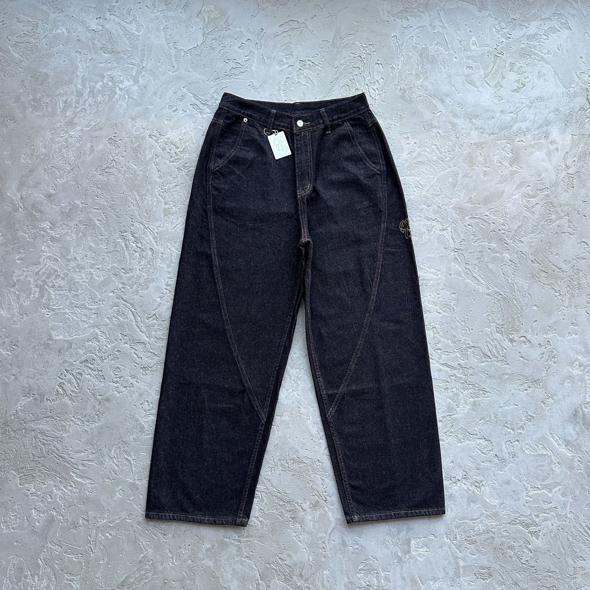 mertra Jeans Wide Leg Embroidered Black