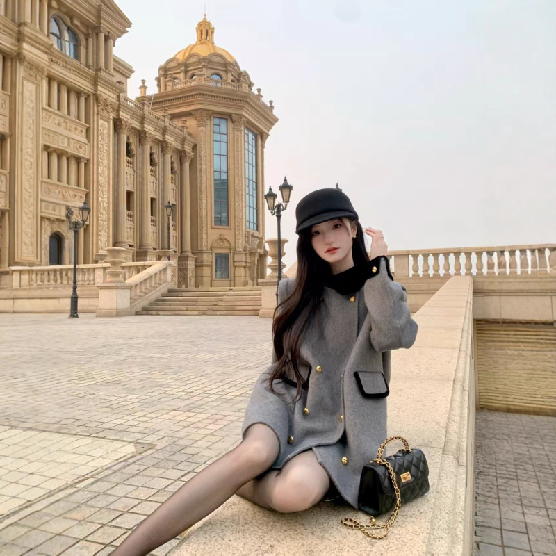 YIYIWANG 琴酒诗人 立领双排扣骑士羊毛呢撞色手工双面呢子大衣|undefined