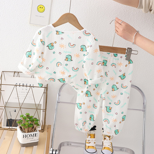 Boys' Double Layer Cotton Gauze Sleepwear Baby Summer Air Conditioning Suit Girls' Home Wear Baby Long Sleeve Lantern Pants Set 