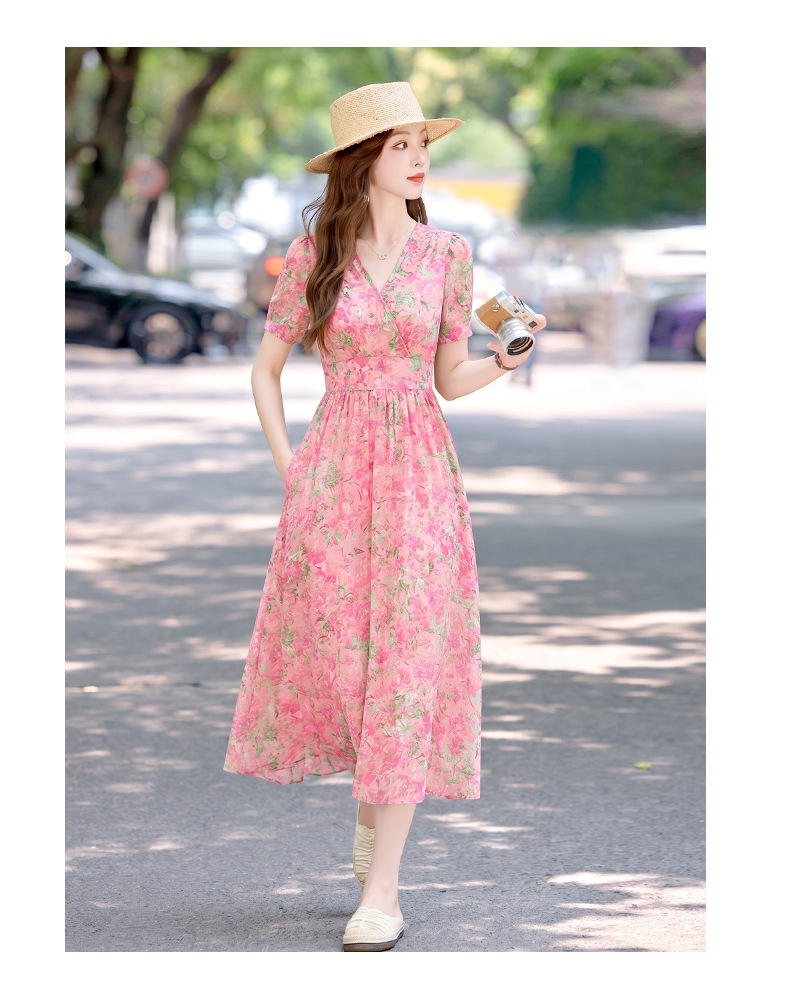 Đầm maxi nữ thắt eo họa tiết hoa nhí cổ V xếp ly tay ngắn — xanh lam, Màu hồng, màu vàng chi tiết 10