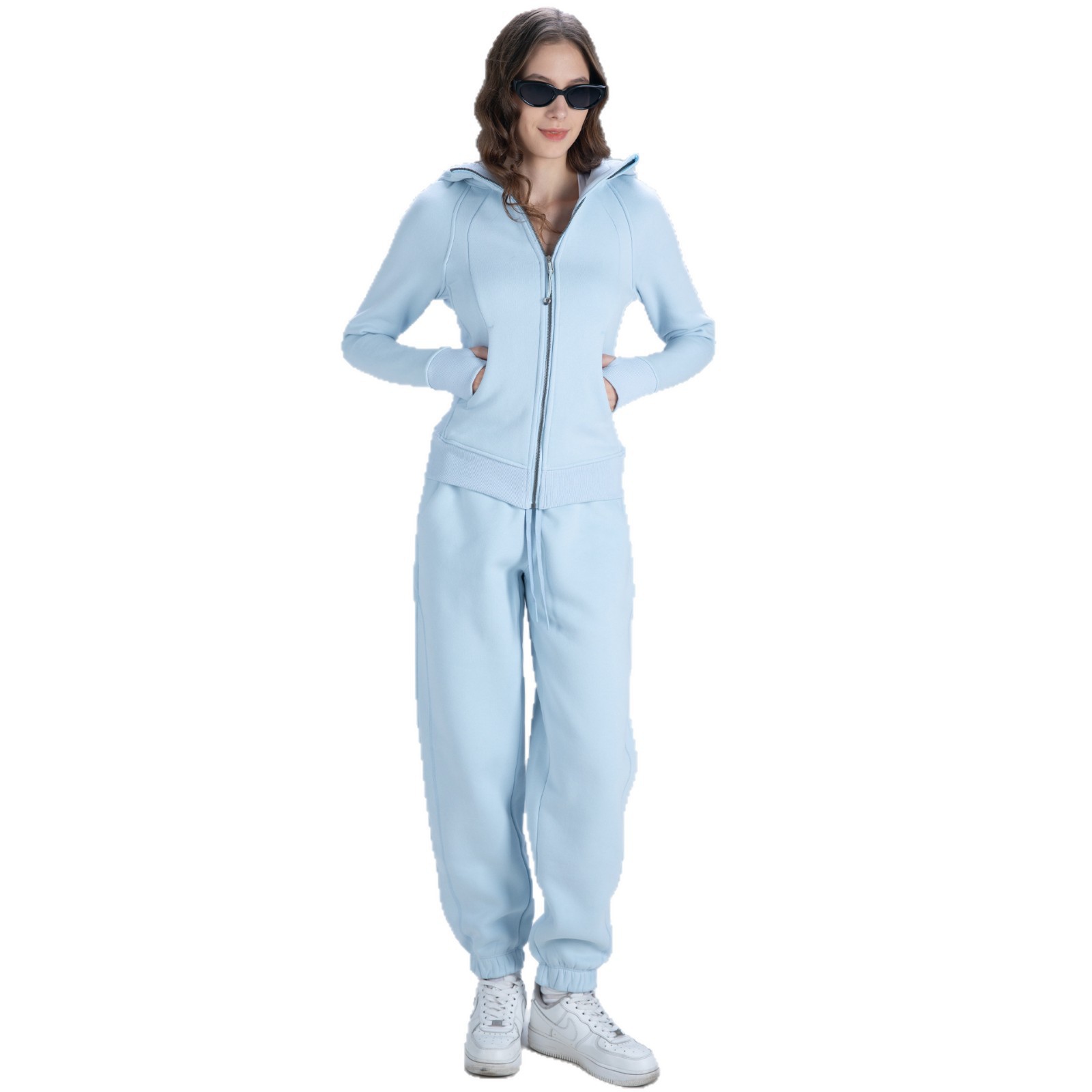 Completo da yoga foderato in pile da donna, giacca con cappuccio e cerniera e pantaloni aderenti, abbigliamento sportivo casual caldo per il fitness all'aperto_voghion.com