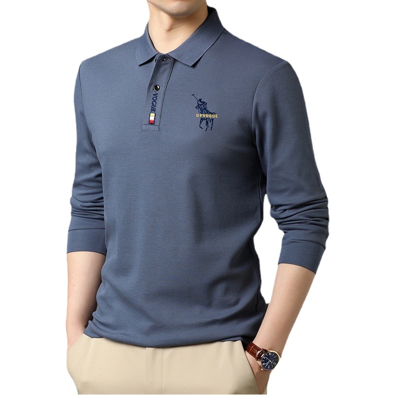 Camiseta de manga larga de los hombres camisa de polo de solapa de color sólido 2023 primavera y otoño bordado de negocios superior camisa de fondo camiseta de los hombres