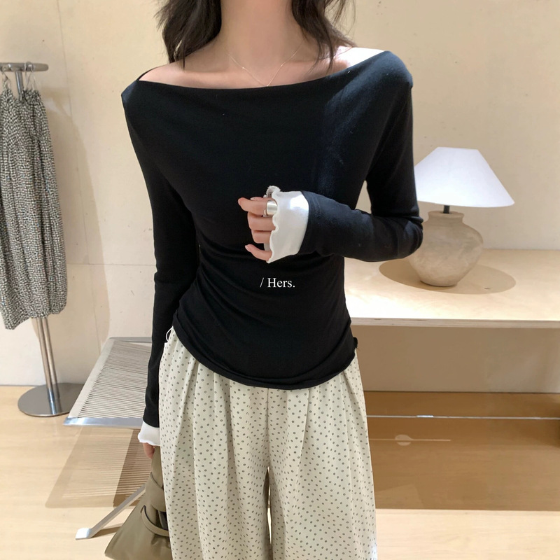 Hers One Spoon of Sweetness 2026 Autumn Korean Style Simple Loose Slimming Waist-Cinching Off-Shoulder Long Sleeve T-Shirt 66750