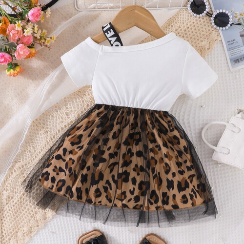 2024 Bestselling Summer Girls' Baby Dress New Baby Trendy Girl Print Splicing Leopard Print Net Dress