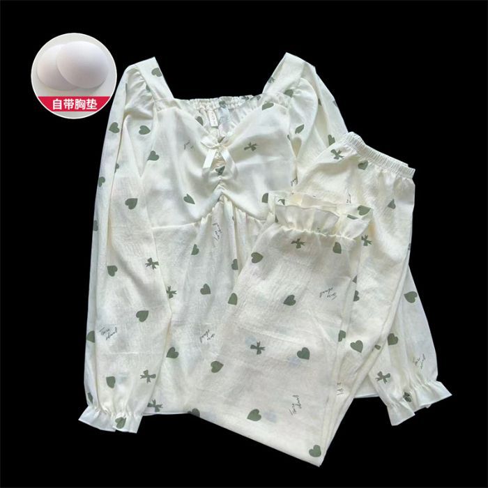 Pijamas de primavera y otoño, pantalones de manga larga, nubes de algodón, almohadilla de pecho dulce, conjunto de dos piezas, ropa de hogar simple.