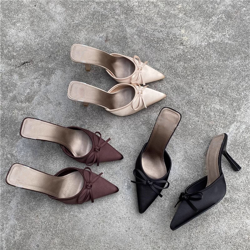 Foreign Trade Temperament Baotou Pointed Half Slippers Women's Outfit Summer Bow Sandals Women's Shoes High Heel Thin Heel Muller Shoes