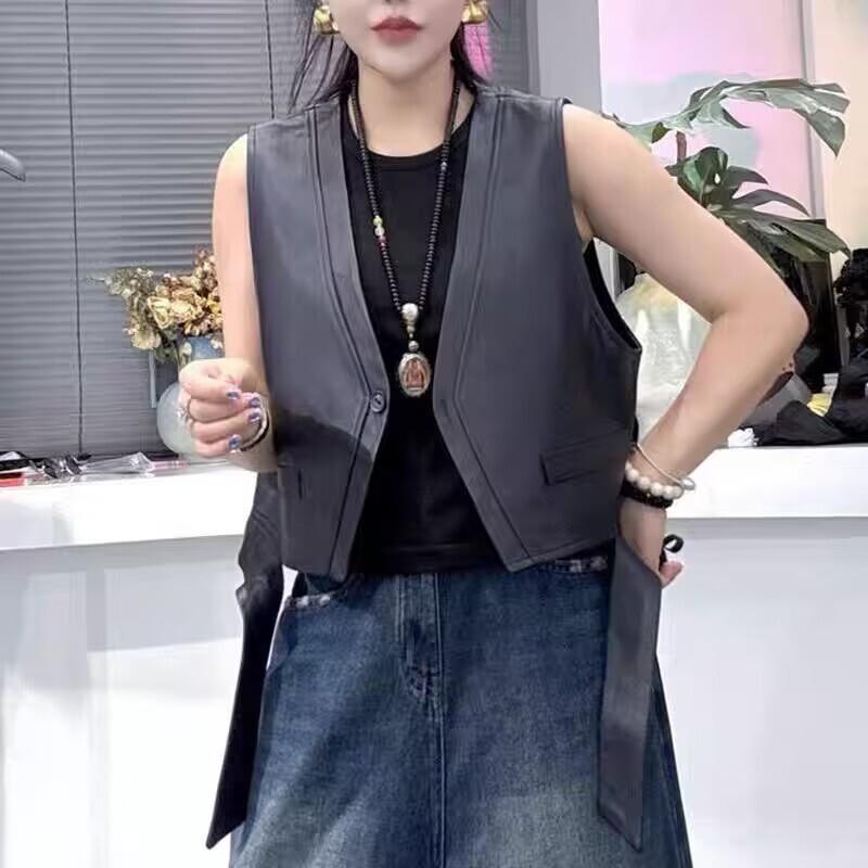 高端25秋季新款皮马甲女短款PU皮无袖背心坎肩修身显瘦百搭上衣潮|undefined
