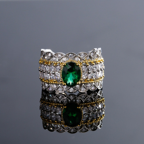 Foreign trade retro palace style hollow pattern women's two-color gold high-definition jewelry lace imitation emerald pigeon egg ring