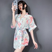 卡玫雪情趣内衣性感浴袍睡衣四季款印花雪纺睡袍透视激情诱惑7741