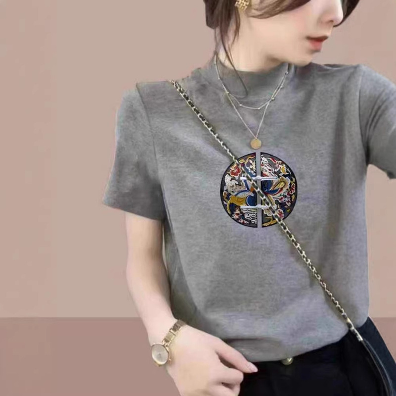 European-Style Half-High Collar Pure Cotton Short-Sleeve T-Shirt for Women, Summer Loose Fit Slimming Base Shirt with Small Stand Collar, Gray Top