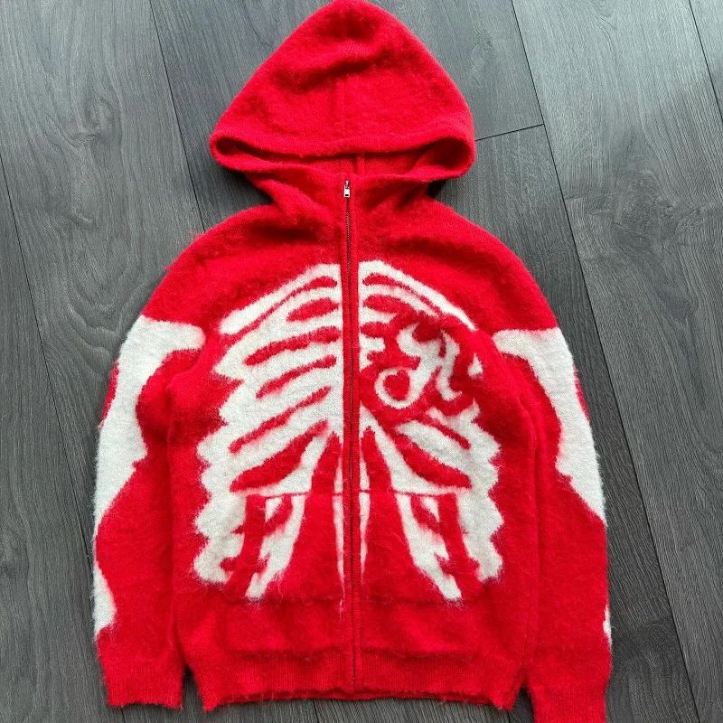 Cross-border European and American Punk Hip-hop Knitted Cardigan Skull Head Hooded Hair Skeleton Sweater Zipper Sweater Coat Trousers
