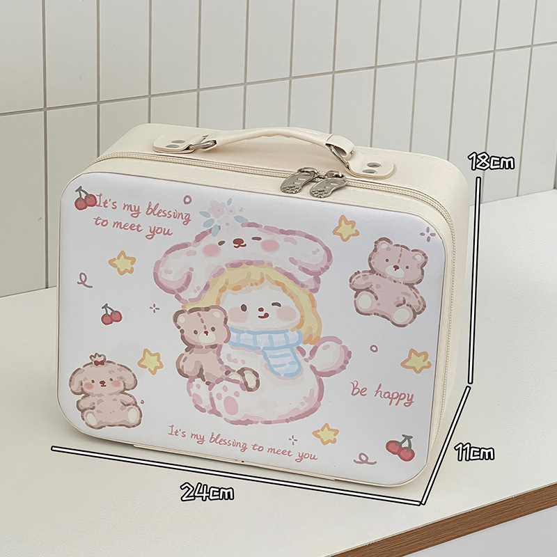 Caja de maquillaje de dibujos animados de alto valor facial portátil de gran capacidad para productos de cuidado de la piel caja de almacenamiento de acabado de cuero pu maleta de almacenamiento