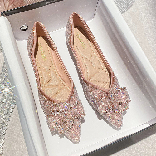Rhinestone single shoes for women summer style flat bottom 2024 new style full diamond lady pointed toe shallow mouth scoop shoes large size women's shoes 41 to 43