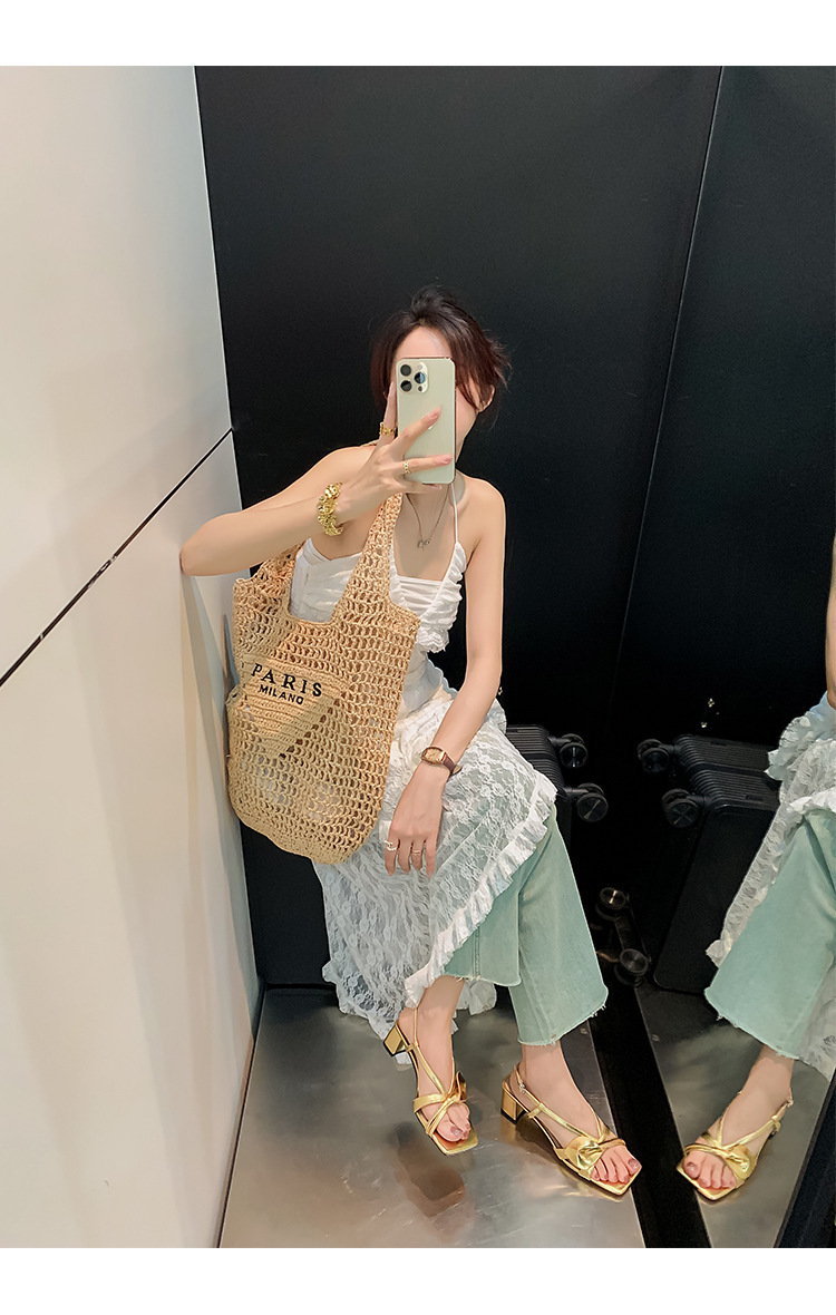 Sandal nữ da bò hoa Calla gót vuông 6 cm quai mảnh khóa đầu vuông da thật ghép màu hở ngón — Màu đen, Màu vàng, Màu trắng be chi tiết 24