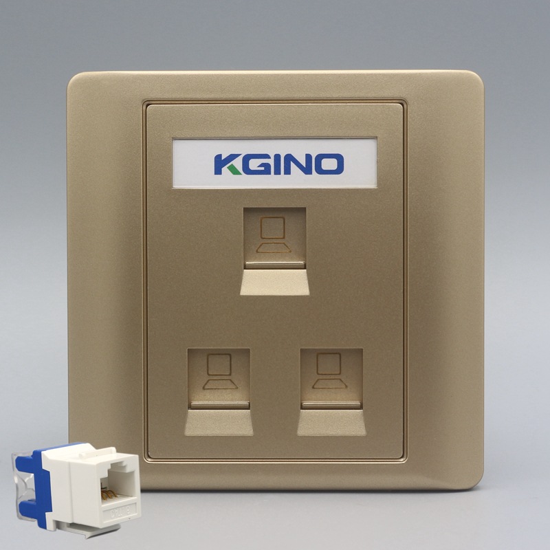 金色86型三位CAT6网络面板三口千兆六类电脑插座通用三口电脑墙插