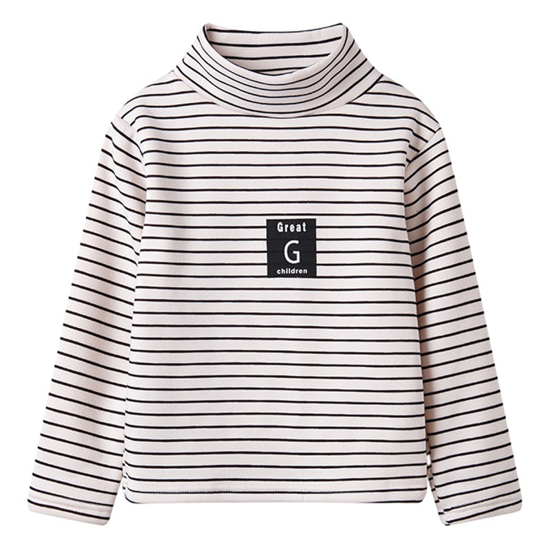 2025 camisa de fondo para niños, cuello medio alto más terciopelo, niños y niñas, rayas, manga larga, abrigo, ropa infantil coreana de moda de otoño e invierno
