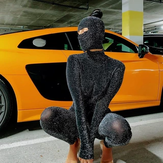 欧美风跨境女装秋季新品时尚性感修身头套露背镂空长袖亮丝连体裤