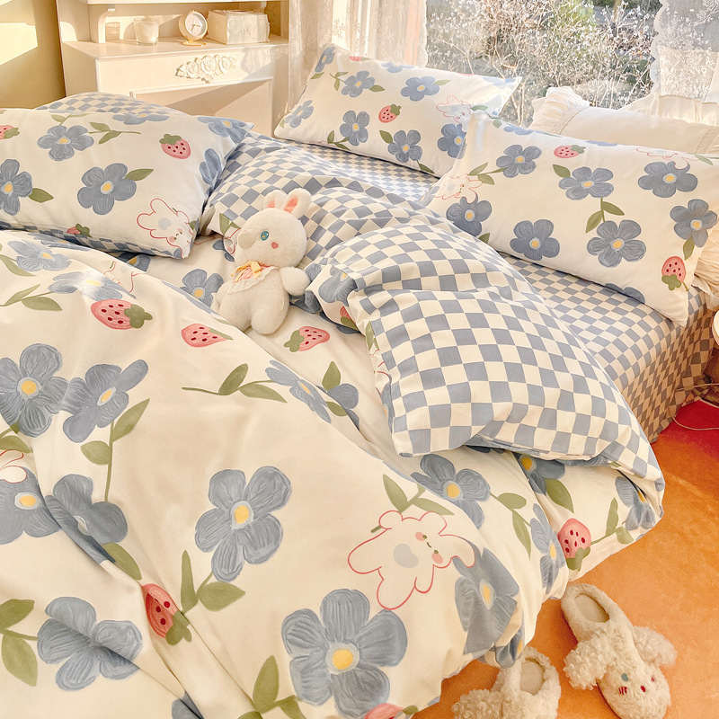 かわいいウサギの純綿ベッド4点セット、綿子供用女の子プリンセス寝具3点セット、ベッドシーツ、掛け布団カバー|undefined