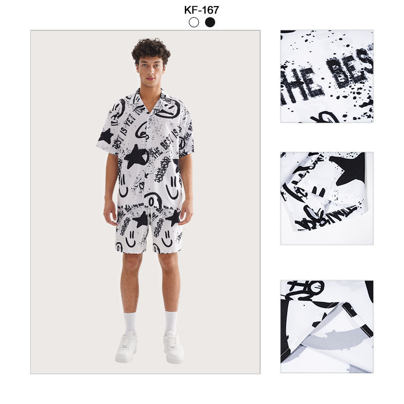 Marca de moda ropa de hombre impresa graffiti viento juego deportivo casual camisa suelta pantalones cortos de verano de dos piezas