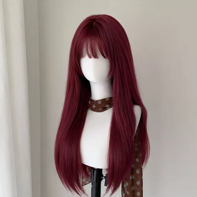 Wanshi wig, rose wine red, long straight hair, fashionable and elegant, with natural bangs, sweet lolita style, full headpiece for women Wanshi wig, rose wine red, long straight hair, fashionable and elegant, with natural bangs, sweet lolita style, full headpiece for women