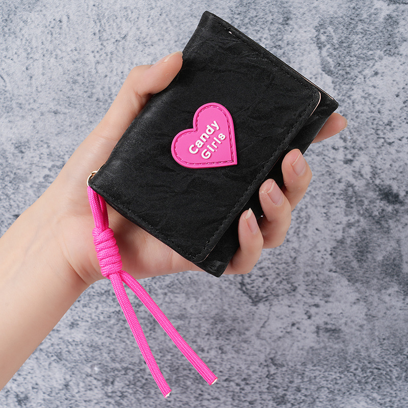 简约挂绳钱包韩版INS 爱心多功能钱包简约短款女士钱包多功能卡包