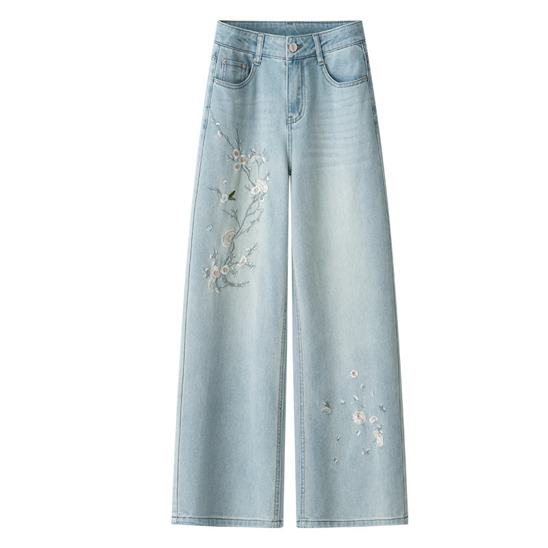National Style Embroidered Wide-Leg Jeans for Women 2026 New Niche Loose Straight Pants Embroidered Wide-Leg Pants for Women Summer