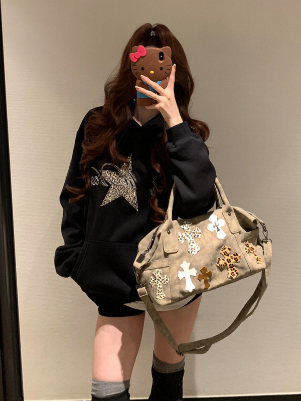 【纯棉华棉复合牛奶丝320克】美式复古豹纹星星印花连帽卫衣女|undefined