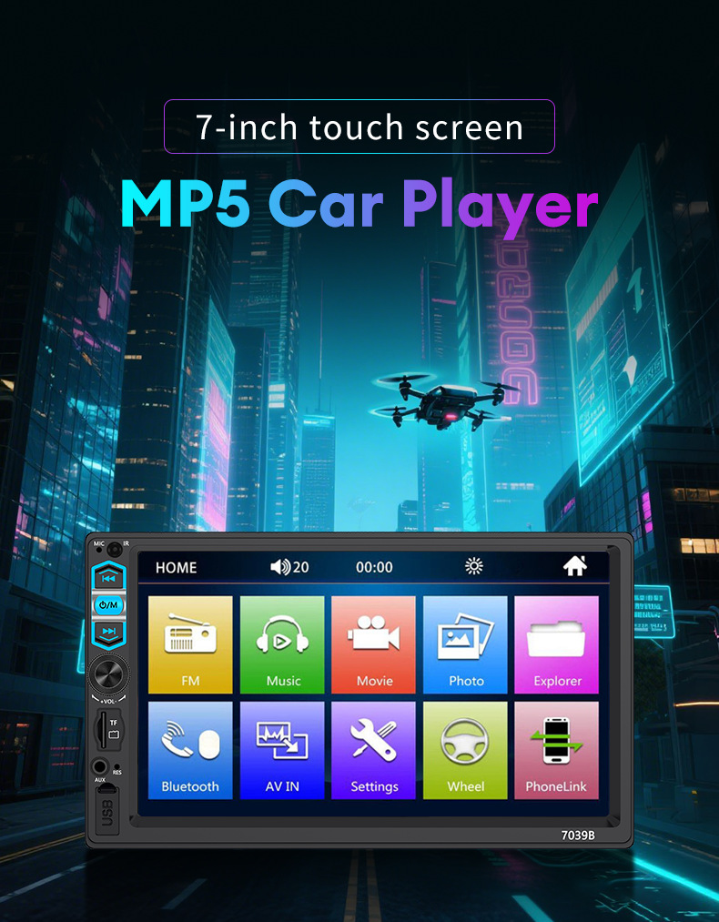 7inch Mp5 Player Car Display Screen Portable Fm Reversing Rear View Bluetooth Connection Hd 1080