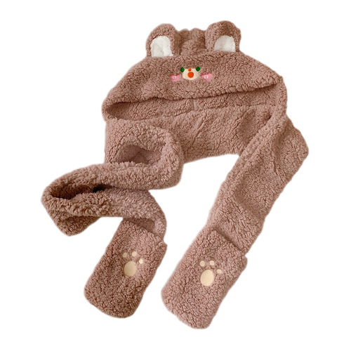 Cute Rui Rui rabbit ear protection hat and scarf one-piece female autumn and winter sweet student hooded plush warm Korean version trendy